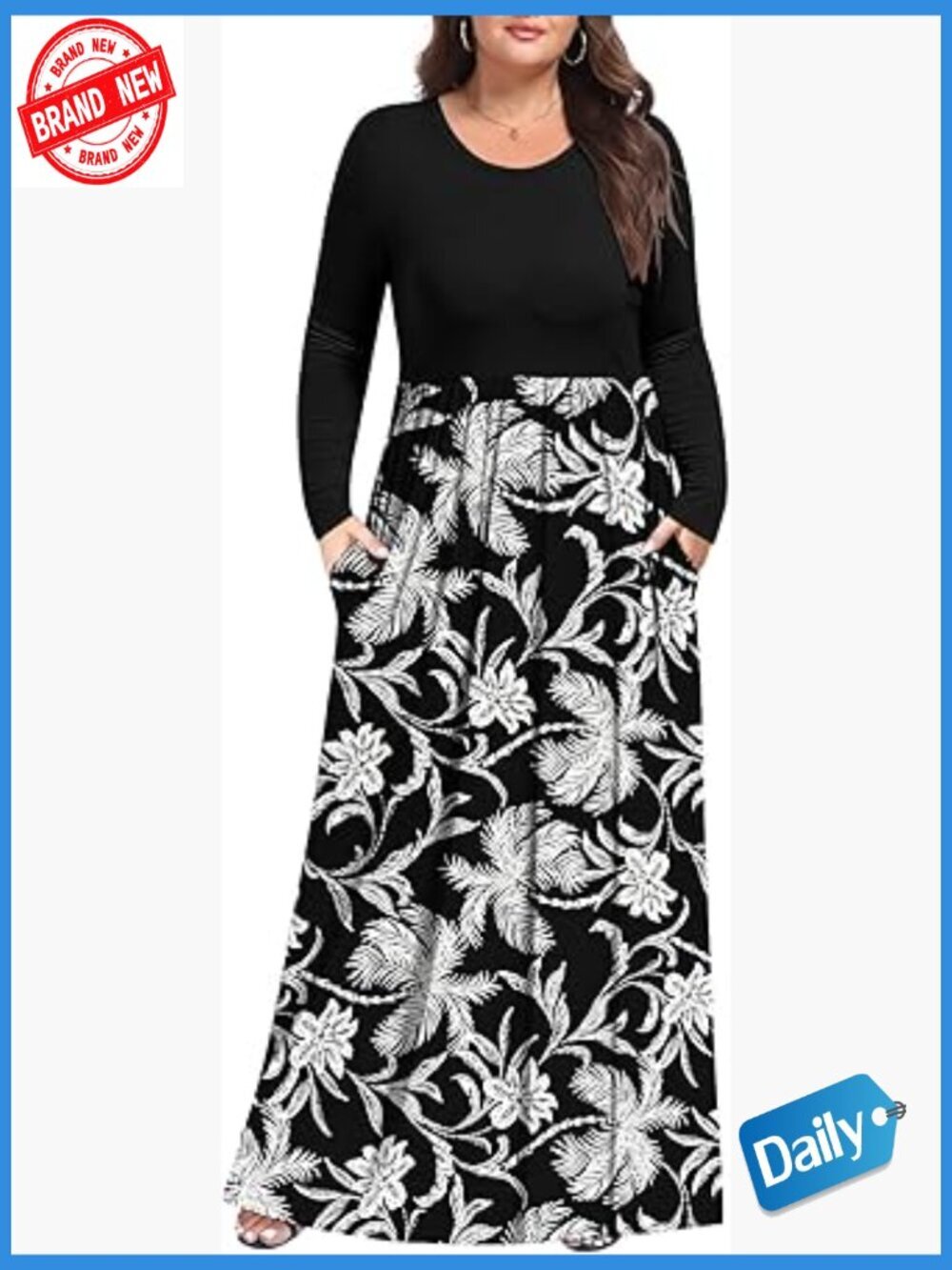 Plus Size Maxi Dress with Pockets Long Sleeve 1X-5X